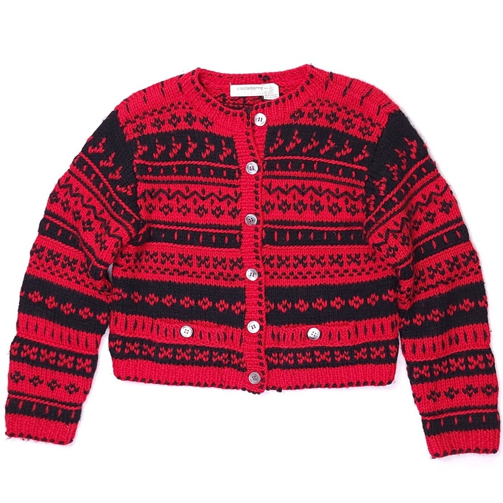 Liz Claiborne Collection Red Black Hand Knit Wool Fair Isle Cropped Cardigan S